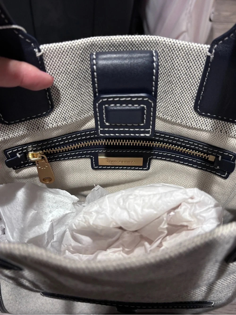 Tory Burch Cream Canvas Tote with Navy Leather Logo